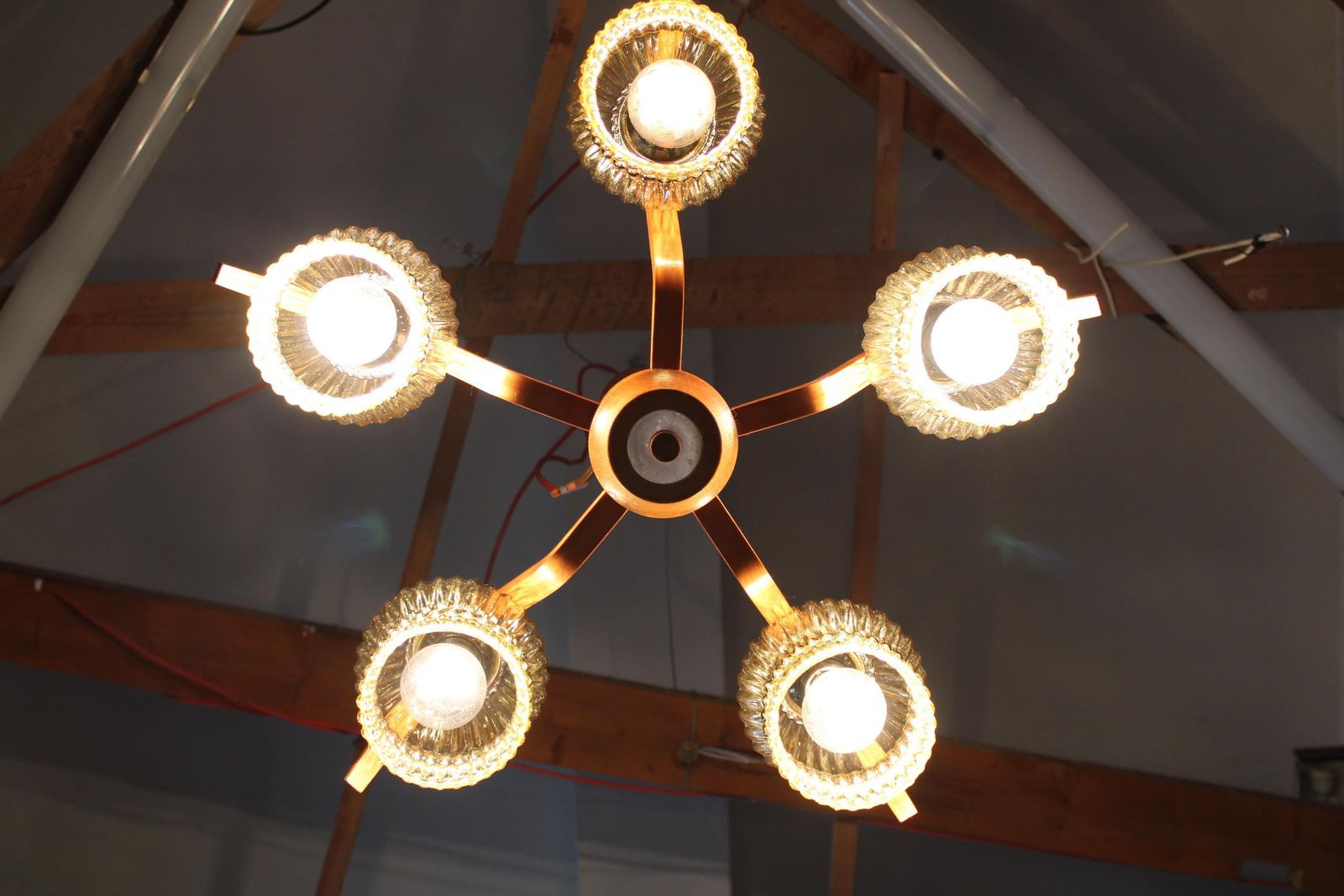Mid Century Czech Wood Glass Chandelier, 1970s Restored. photo for sale