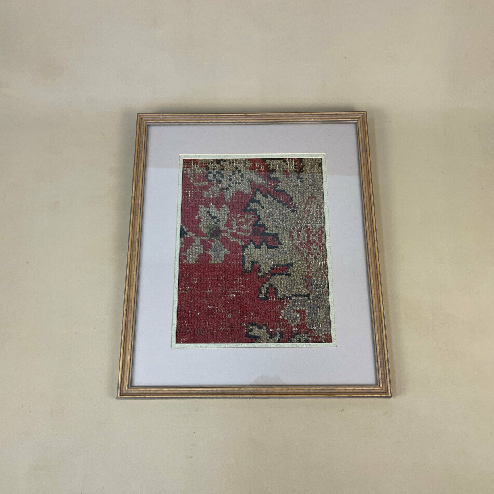 Antique Framed Kilim Rug Carpet Fabric Patch Fragment Handmade Woven Picture Wood Frame Art Vintage Textile 40.5x35cm Wall Traditional Red