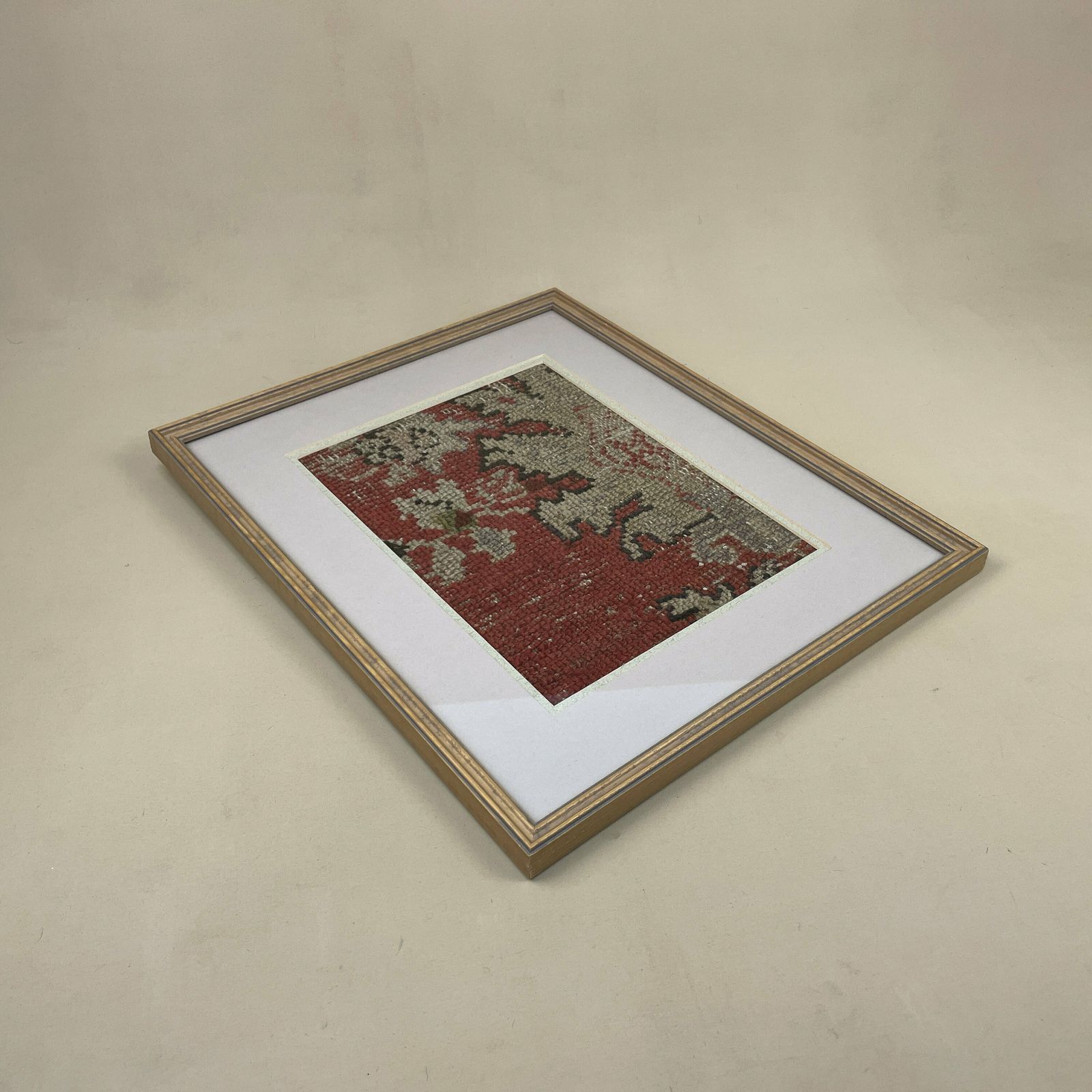 Antique Framed Kilim Rug Carpet Fabric Patch Fragment Handmade Woven Picture Wood Frame Art Vintage Textile 40.5x35cm Wall Traditional Red photo furniture
