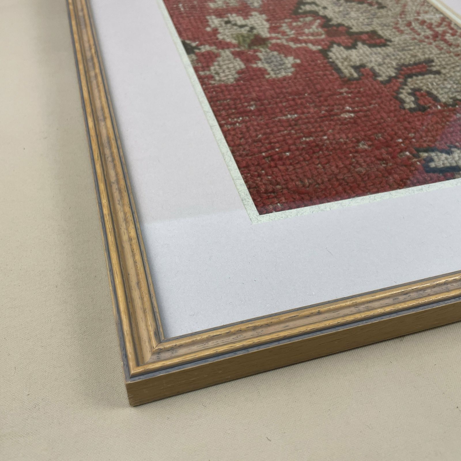 Antique Framed Kilim Rug Carpet Fabric Patch Fragment Handmade Woven Picture Wood Frame Art Vintage Textile 40.5x35cm Wall Traditional Red photo Art