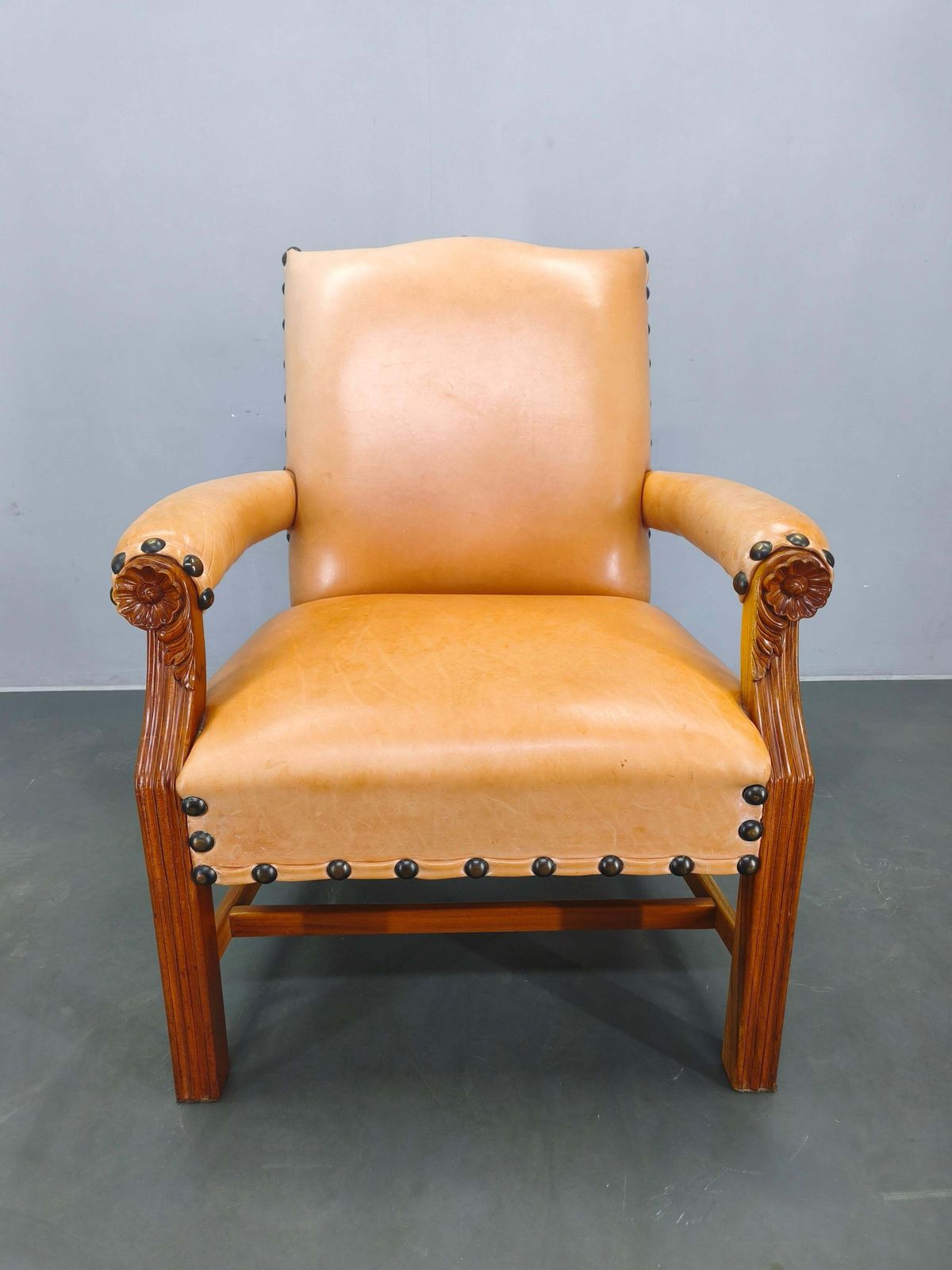 Antique Danish Leather Armchair Carved Wood Club Chair, Early 1900s. photo furniture
