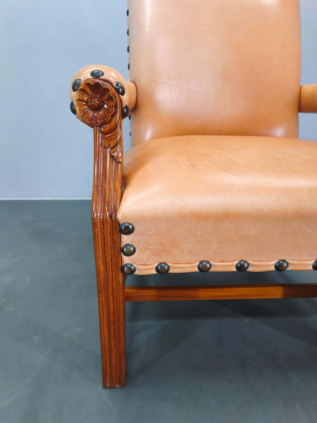 Antique Danish Leather Armchair Carved Wood Club Chair, Early 1900s. photo Furniture