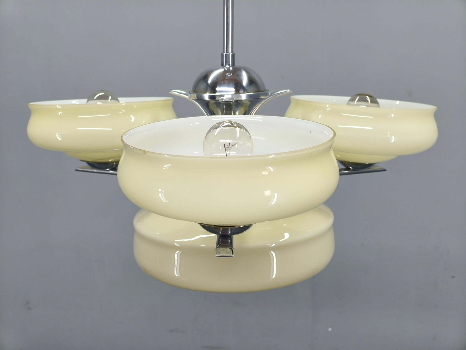 Bauhaus Chandelier Czechoslovakia 1930s Milk Glass Chrome Pendant. photo for sale