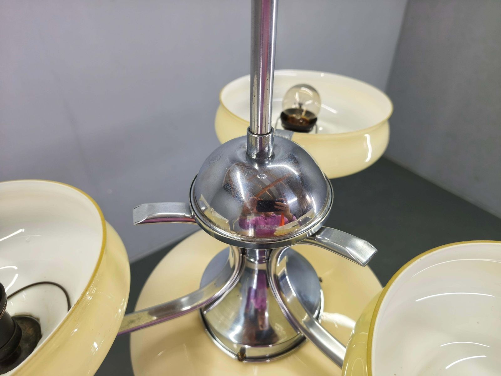 Bauhaus Chandelier Czechoslovakia 1930s Milk Glass Chrome Pendant. photo buy