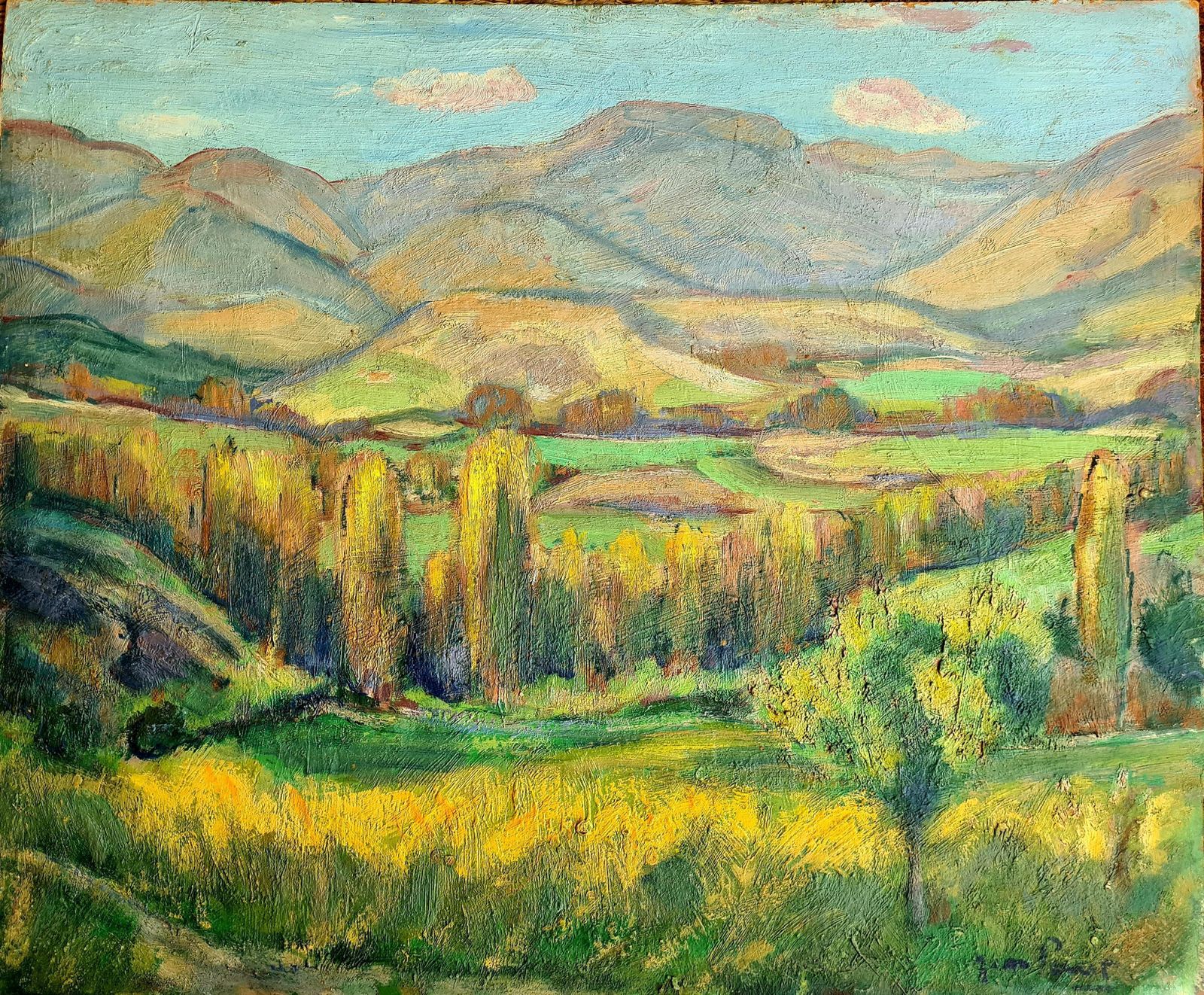 Jean Perret Fauvist Landscape: The Golden Trees, Oil On Board, Mid 20th Century.