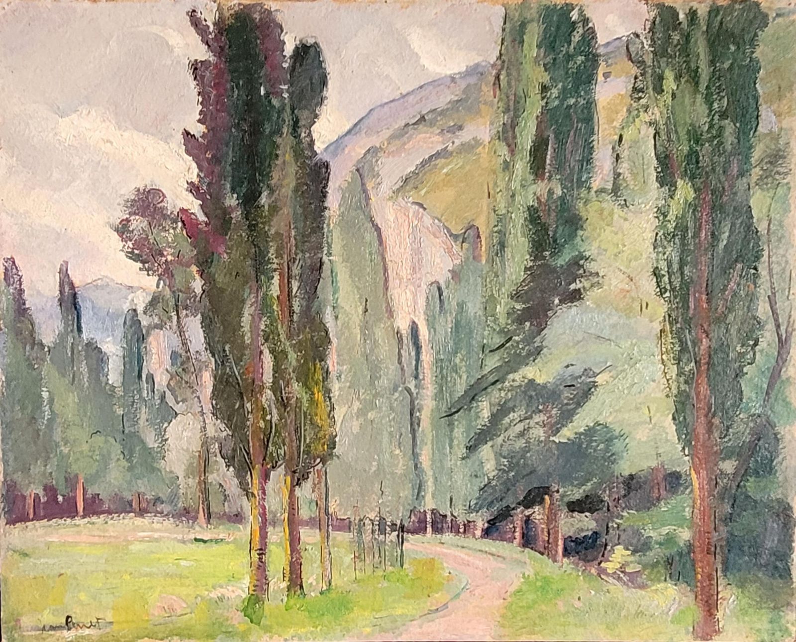 Jean Perret Provençal Landscape With Cypress Trees. Oil On Board. 44cm X 54.5cm.