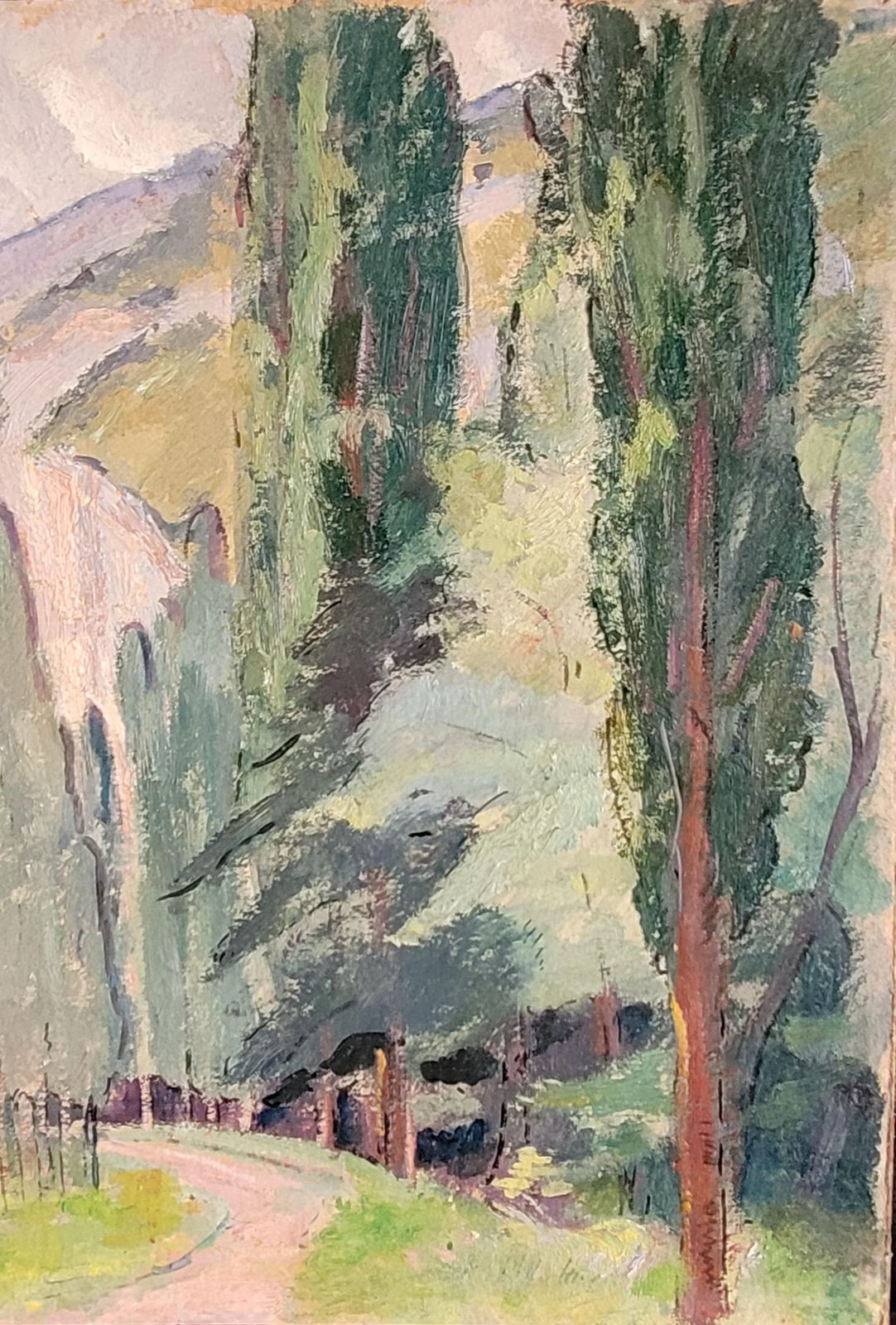 Jean Perret Provençal Landscape With Cypress Trees. Oil On Board. 44cm X 54.5cm. photo for sale