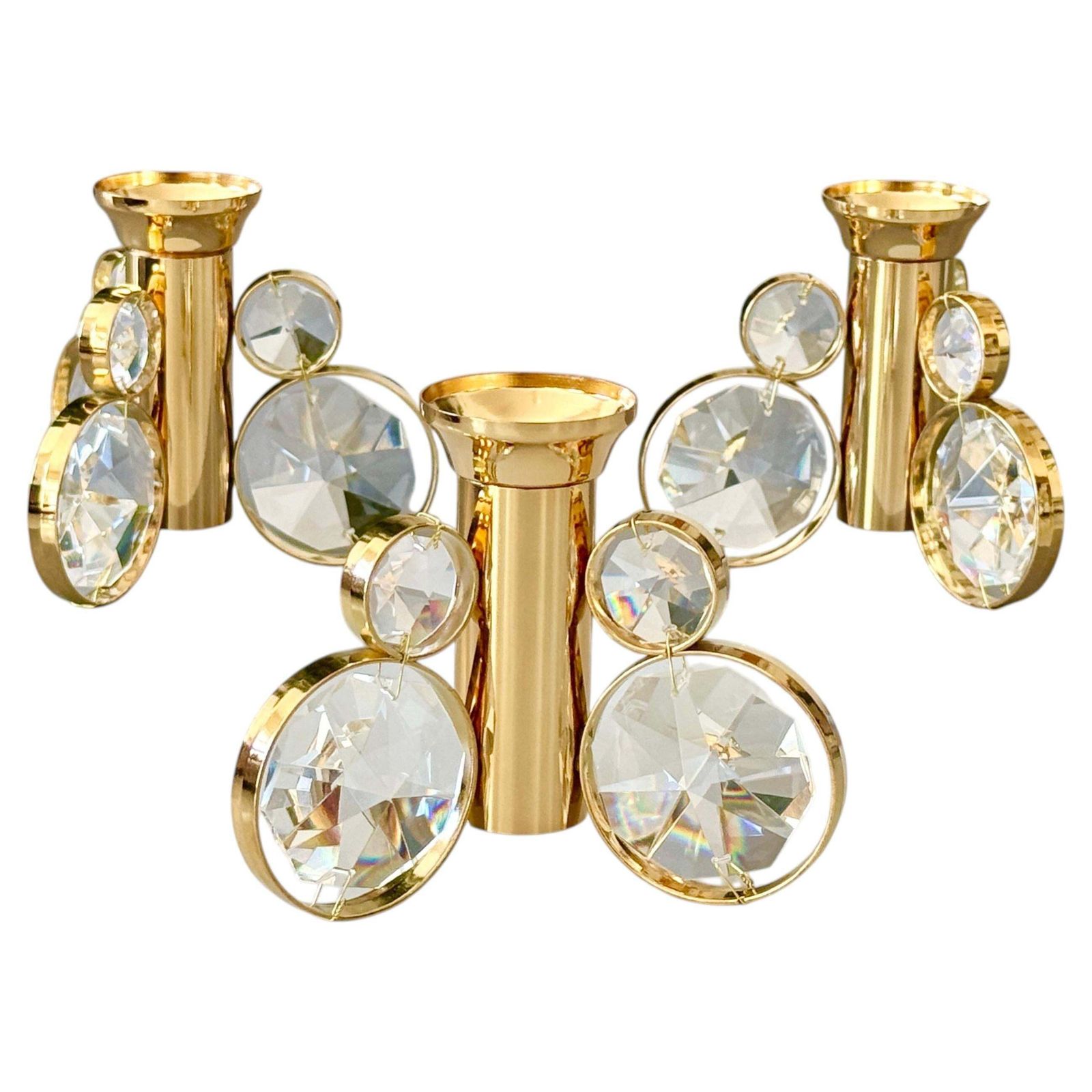 Set Of 6 Palwa Gaetano Sciolari Style Brass & Crystal Candle Holder Candlestick.