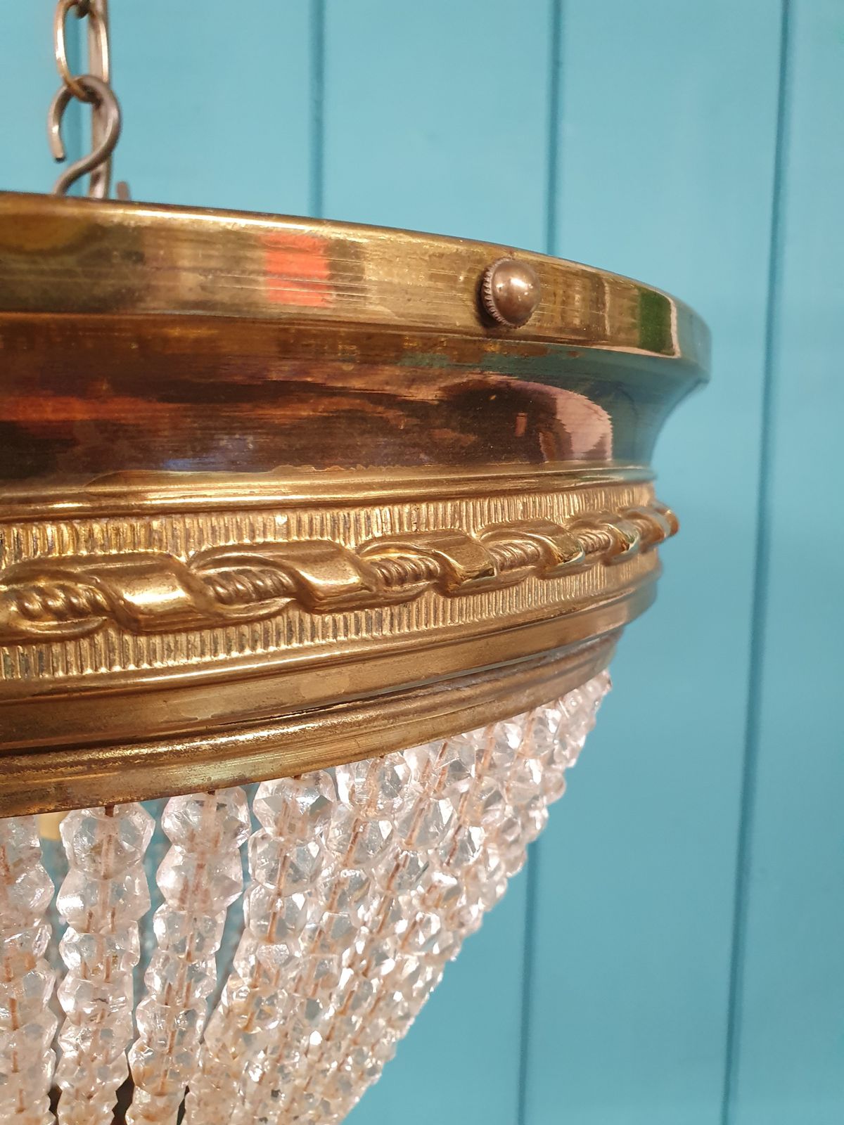 Early 20th Century Brass And Cut Glass Beaded Chandelier 13" photo for sale