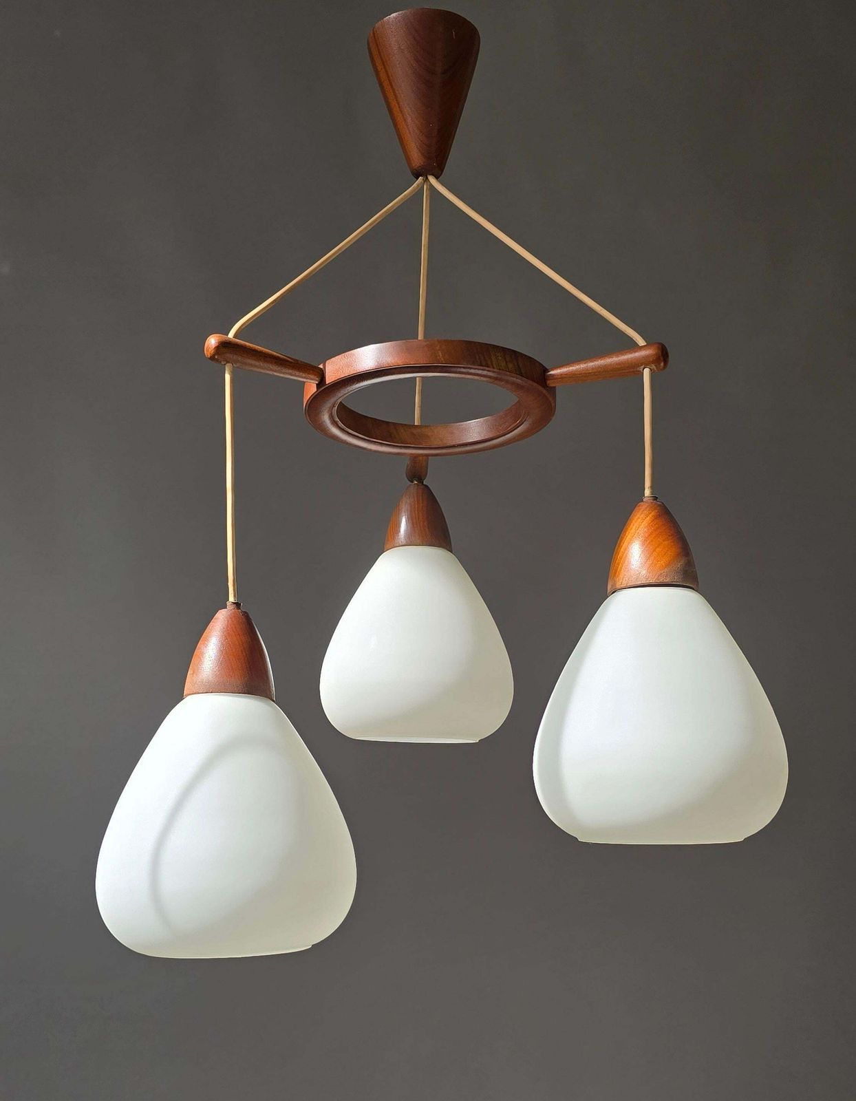 Danish Mid Century Teak And Opaline Glass 3 Light Chandelier, 1960s photo vinterior