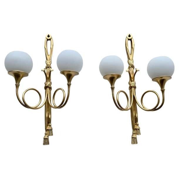 Pair Of French Neoclassical Style Gilt Brass Wall Sconces With Opaline Glass
