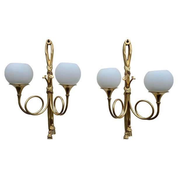Pair Of French Neoclassical Style Gilt Brass Wall Sconces With Opaline Glass photo 2176.0