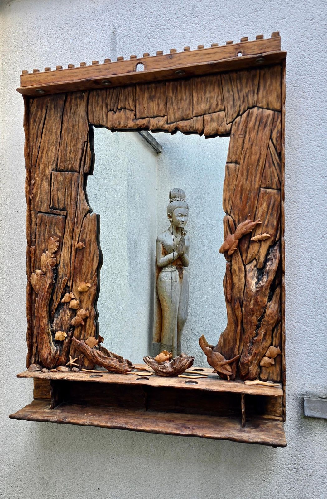 Hand Carved Wooden Mirror With Ocean Motifs And Integrated Lighting photo furniture