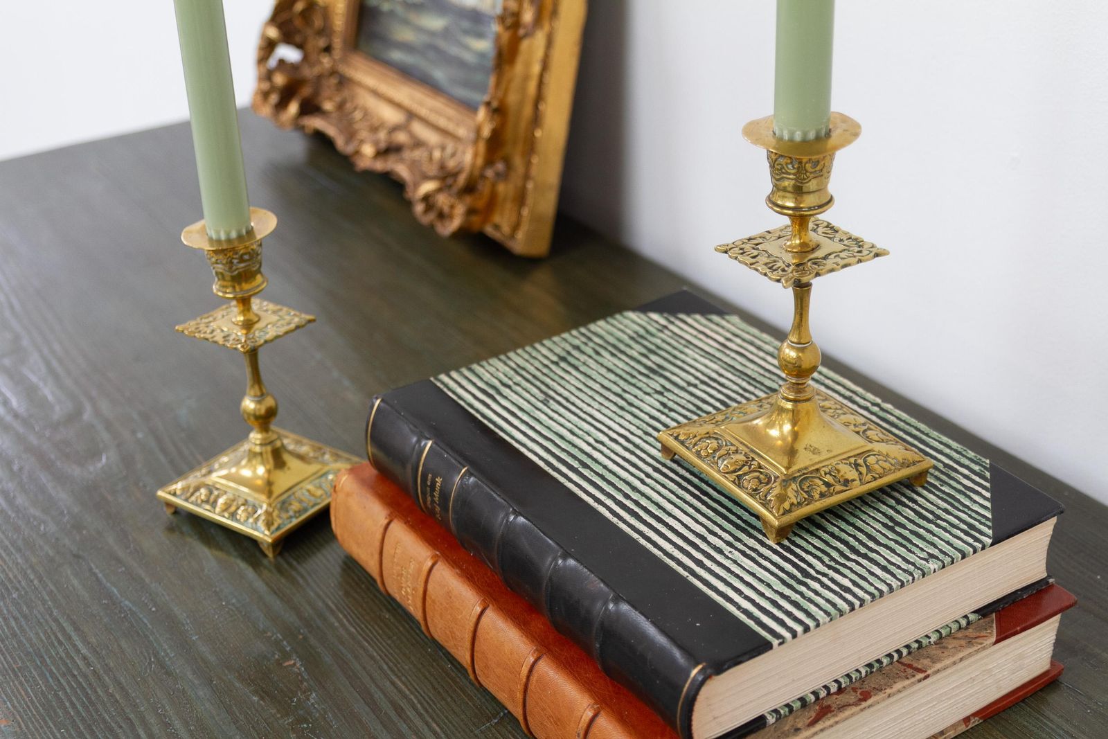 133.0 Antique English Brass Candlesticks. Set Of 2. photo