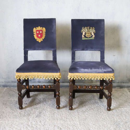 Matched Pair Scottish Oak Armorial Clan Chairs Velvet Upholstery Heraldic Crests C 1650 photo furniture