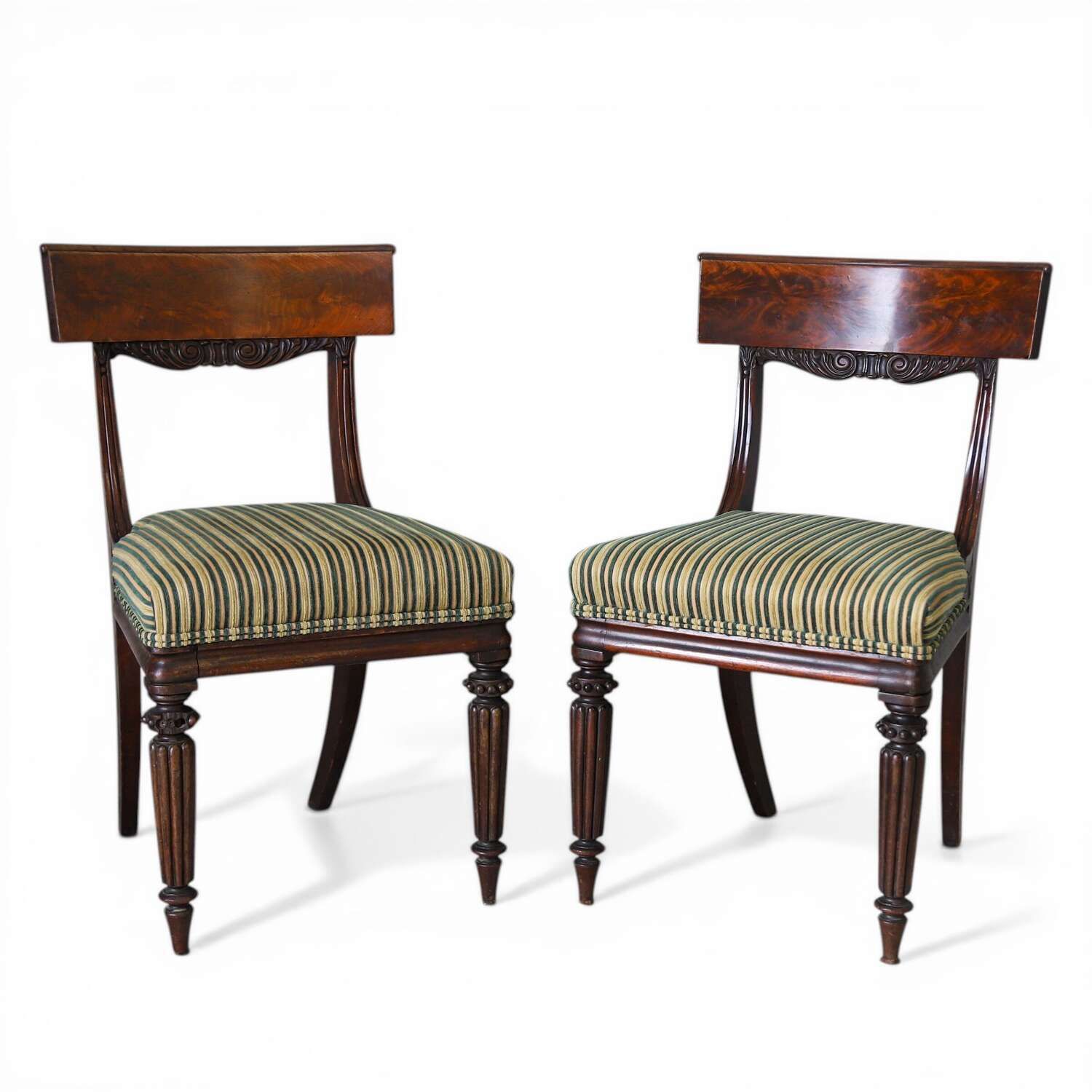 Pair Of William IV Mahogany Side Chairs With Regency Stripe Upholstery, C.1830