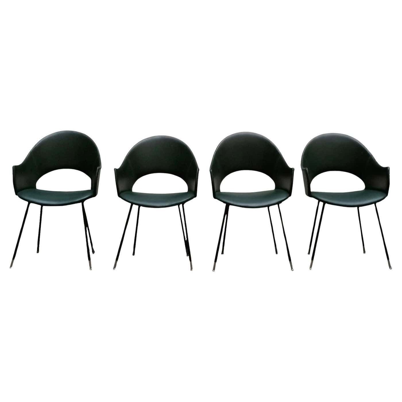 Set Of 4 Round Back Chairs Upholstered In Green Skay, Italy 1970s