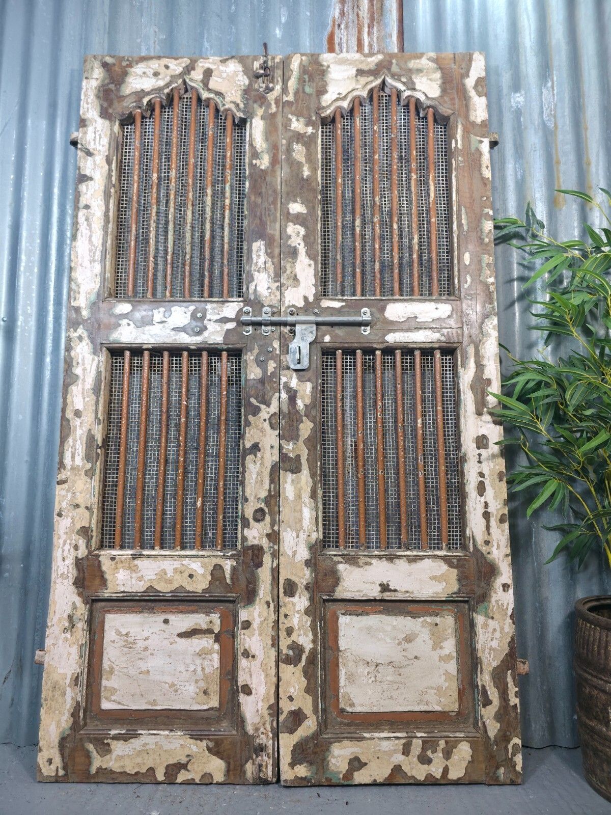 Pair Vintage Rustic Indian Wooden Iron Doors Garden Gates Room Divider Screen photo furniture