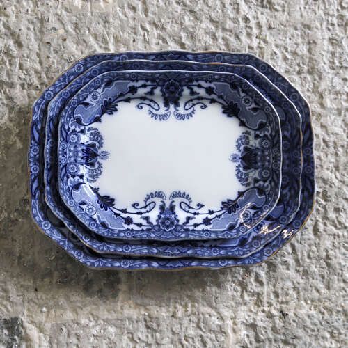 Trio Of 19th‑Century Staffordshire Raleigh Pattern Cobalt Blue‑And‑White Serving Plates photo furniture