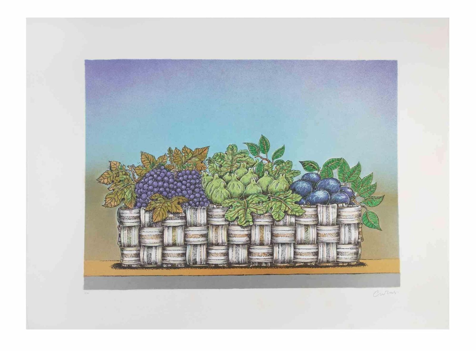 Bruno Carusostill Life With Basket Of Fruit   Lithograph By Bruno Caruso   1980s1980s