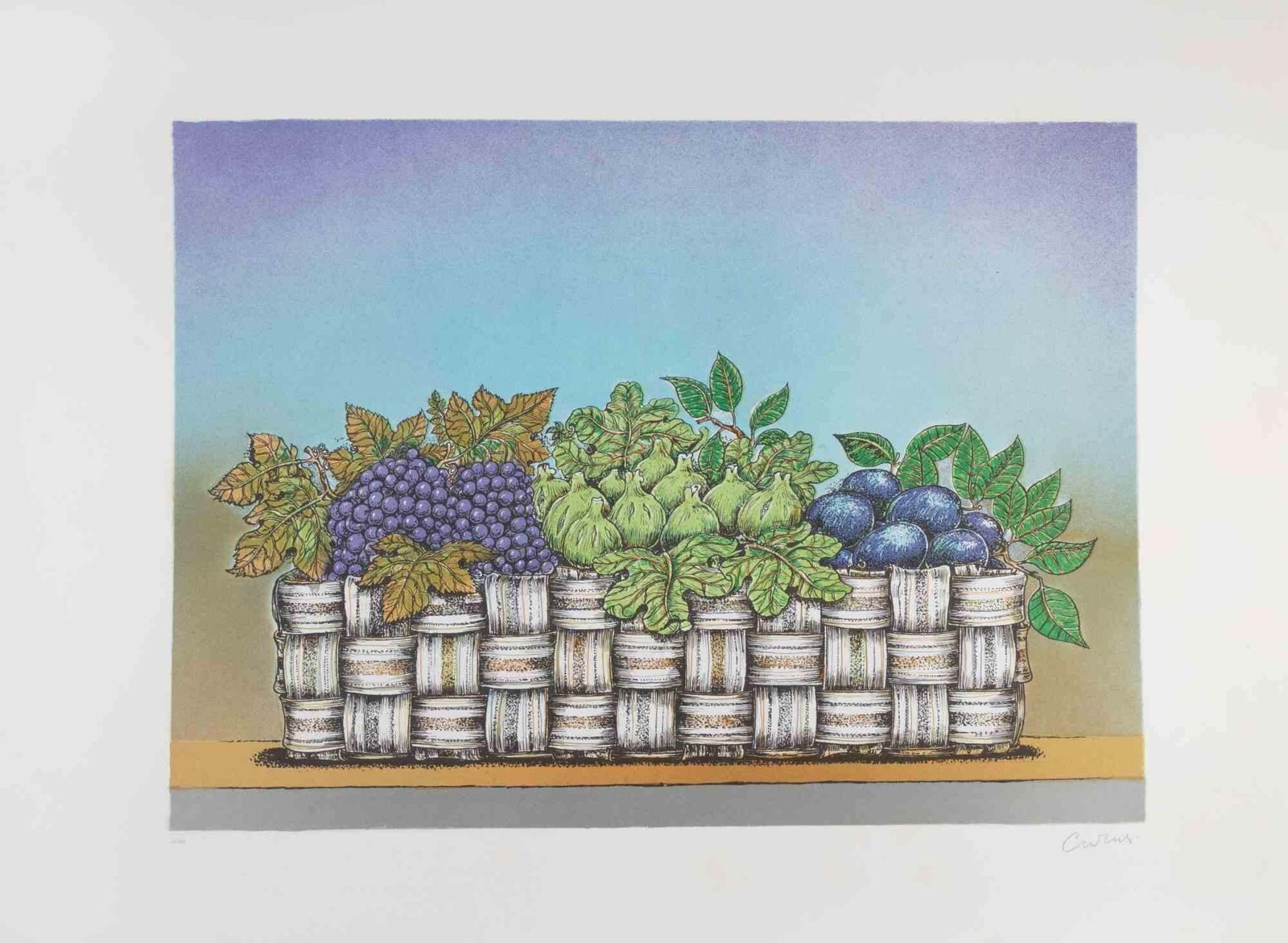 Bruno Carusostill Life With Basket Of Fruit   Lithograph By Bruno Caruso   1980s1980s photo furniture