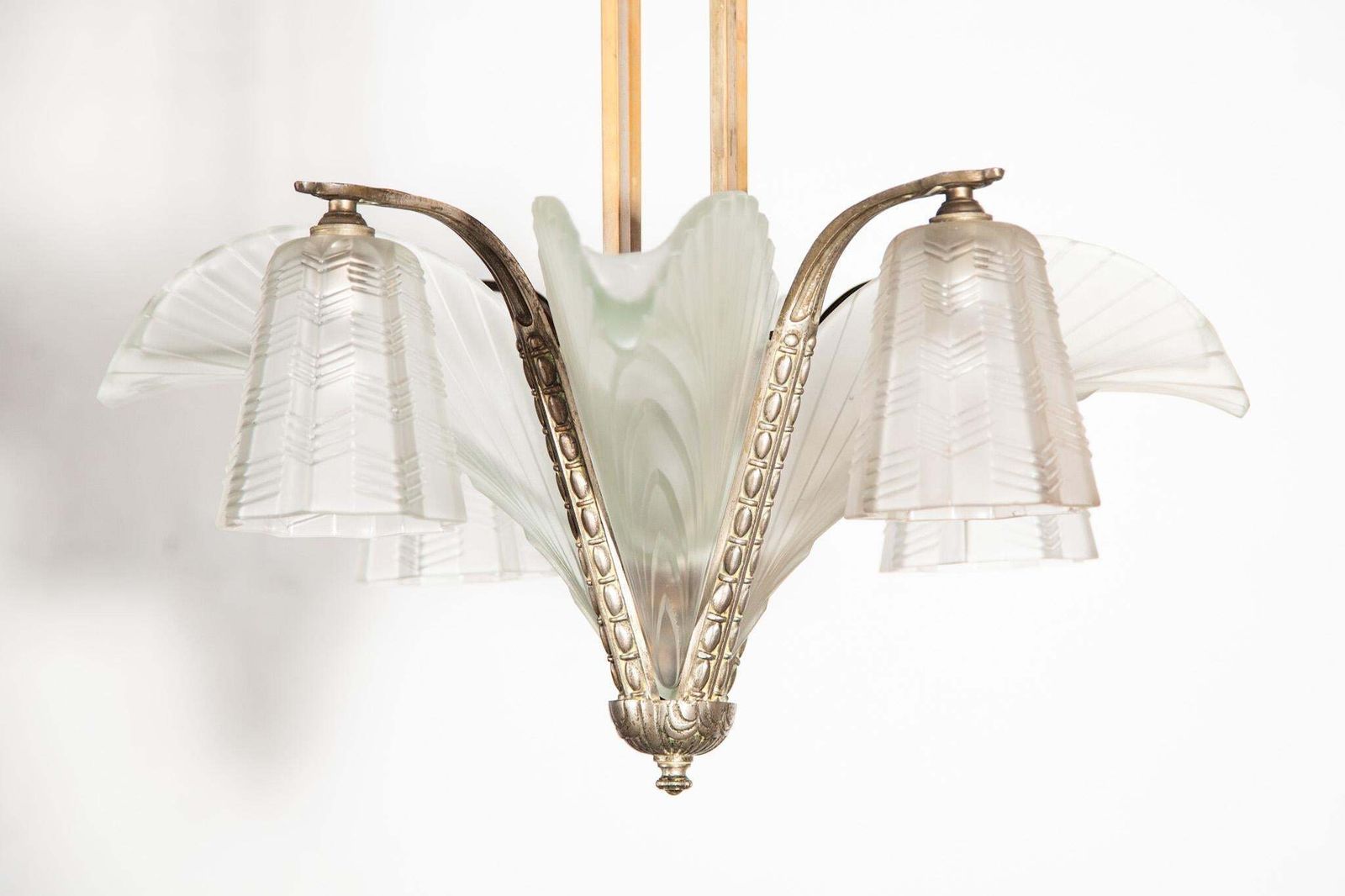 Art Deco Chandelier, Silvered Bronze & Art Glass, France, 1930 photo Lighting