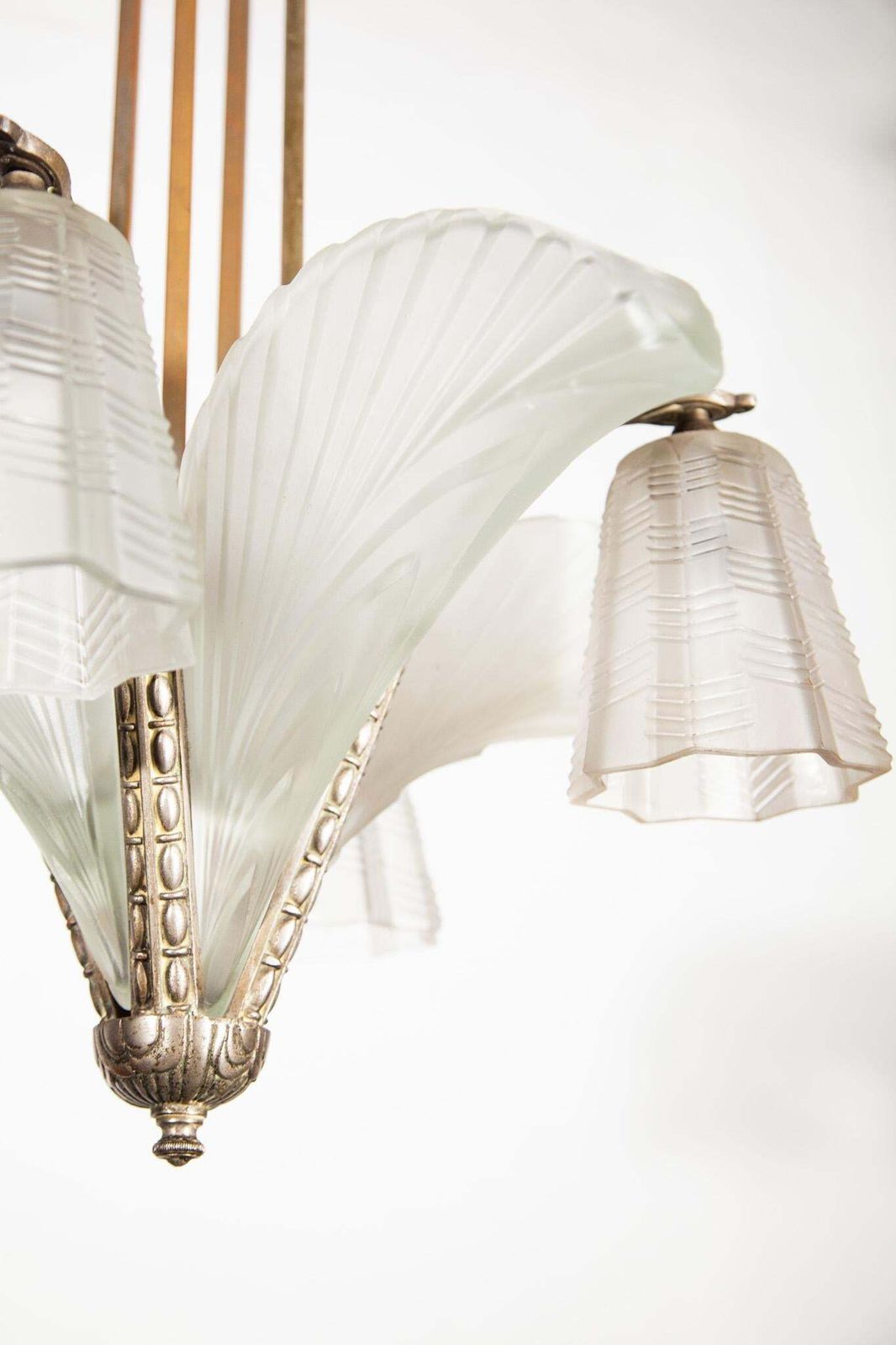 Art Deco Chandelier, Silvered Bronze & Art Glass, France, 1930 photo buy