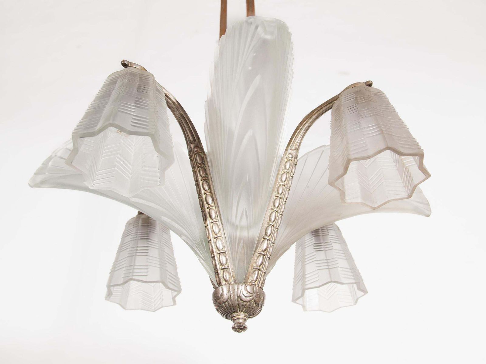 photo furniture Art Deco Chandelier, Silvered Bronze & Art Glass, France, 1930