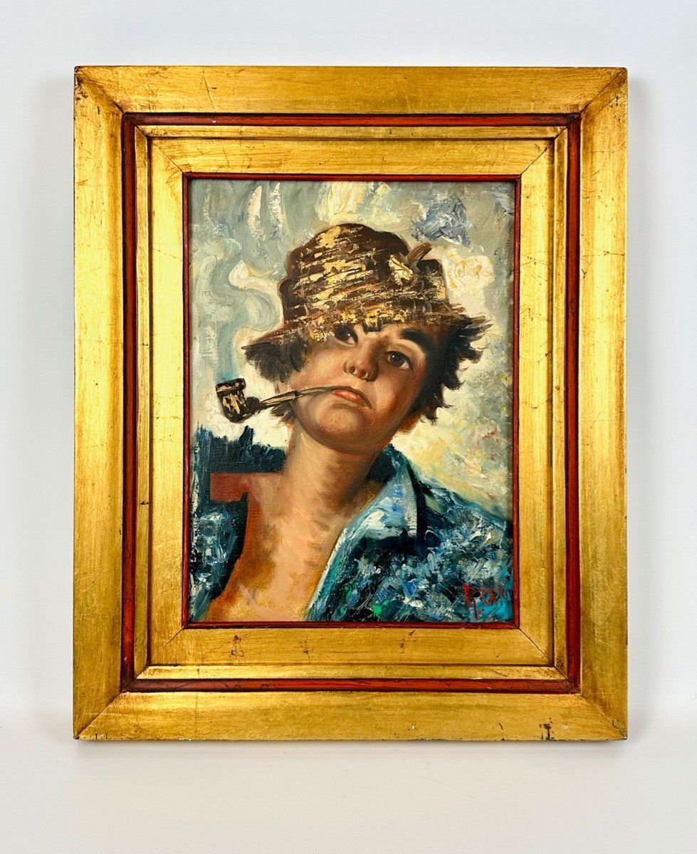 R. Landi, Boy With Pipe And Straw Hat, Oil On Canvas, 1960s, Framed