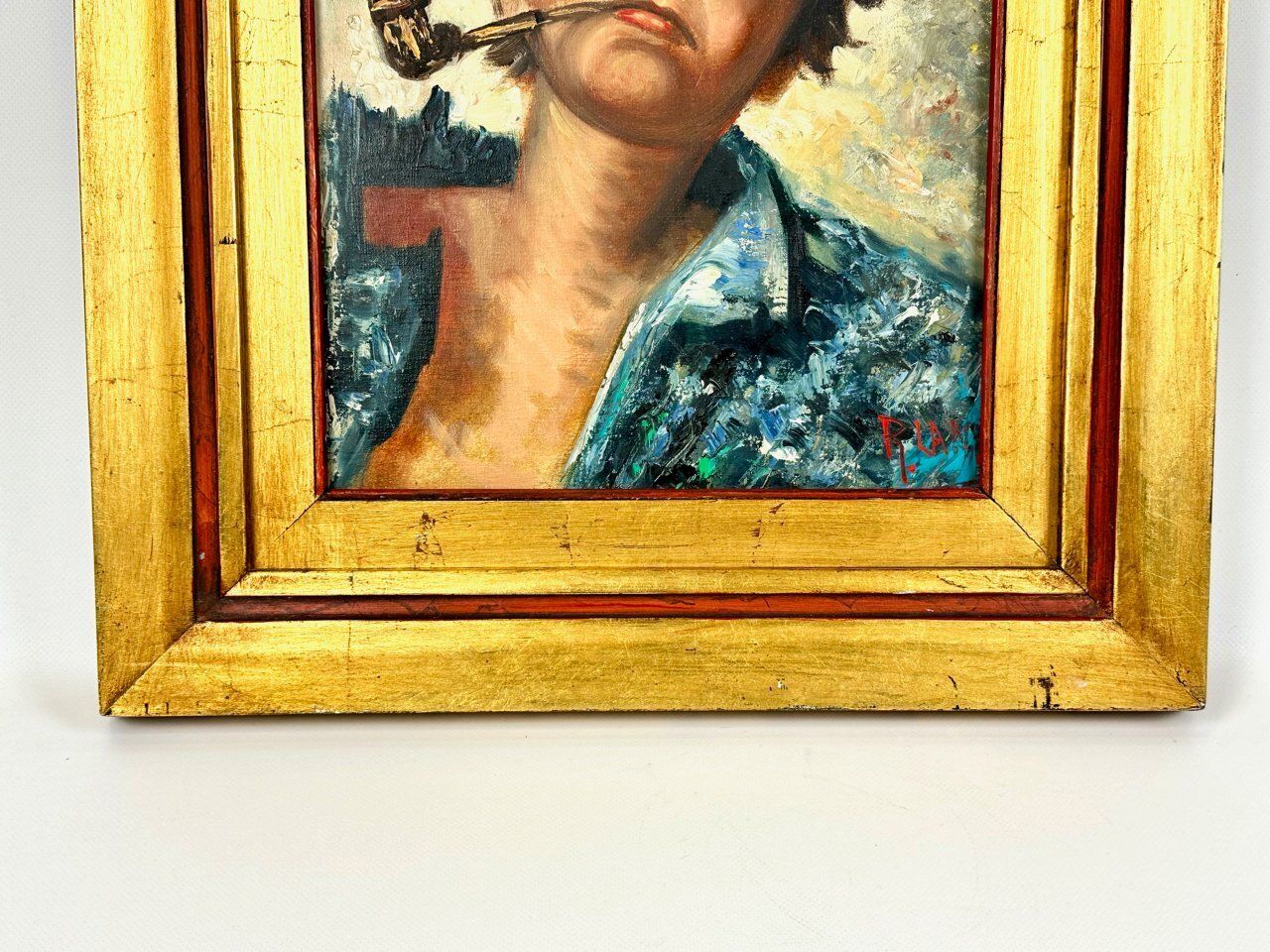 R. Landi, Boy With Pipe And Straw Hat, Oil On Canvas, 1960s, Framed photo furniture