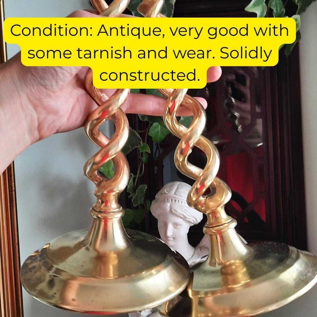 Truly Antique Victorian Open Barley Twist Brass Candle Holder Pair 1800s 12'' Tall photo for sale