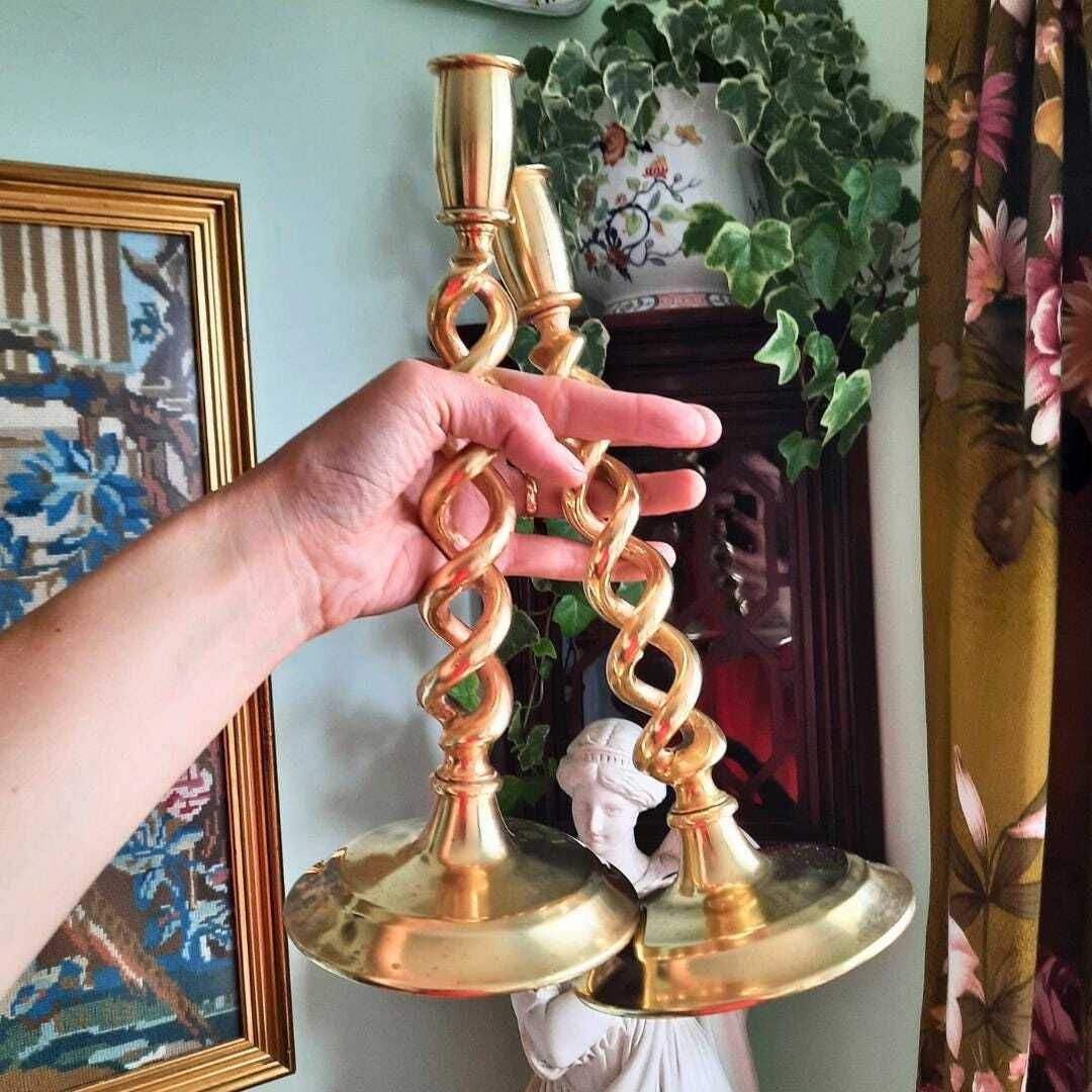 Truly Antique Victorian Open Barley Twist Brass Candle Holder Pair 1800s 12'' Tall photo buy