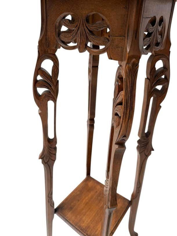 Art Nouveau Pedestal Plant Stand, Hand Carved Beech & Marble, 1900s photo vintage