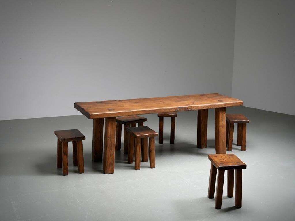 Brutalistisch Eetkamerset In Massief Grenenhout Met 6 Krukken, Frankrijk, Jaren 1970 photo Meubels