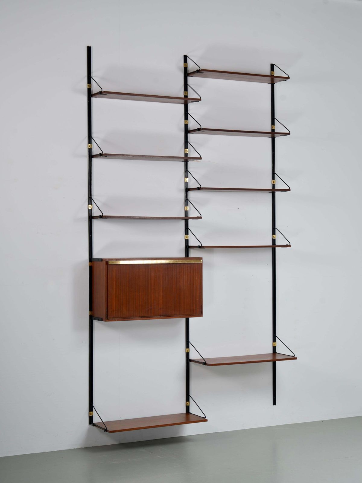 High Modular Wall Unit With Dry Bar In Wood, Metal And Brass, Italy, 1960's photo furniture