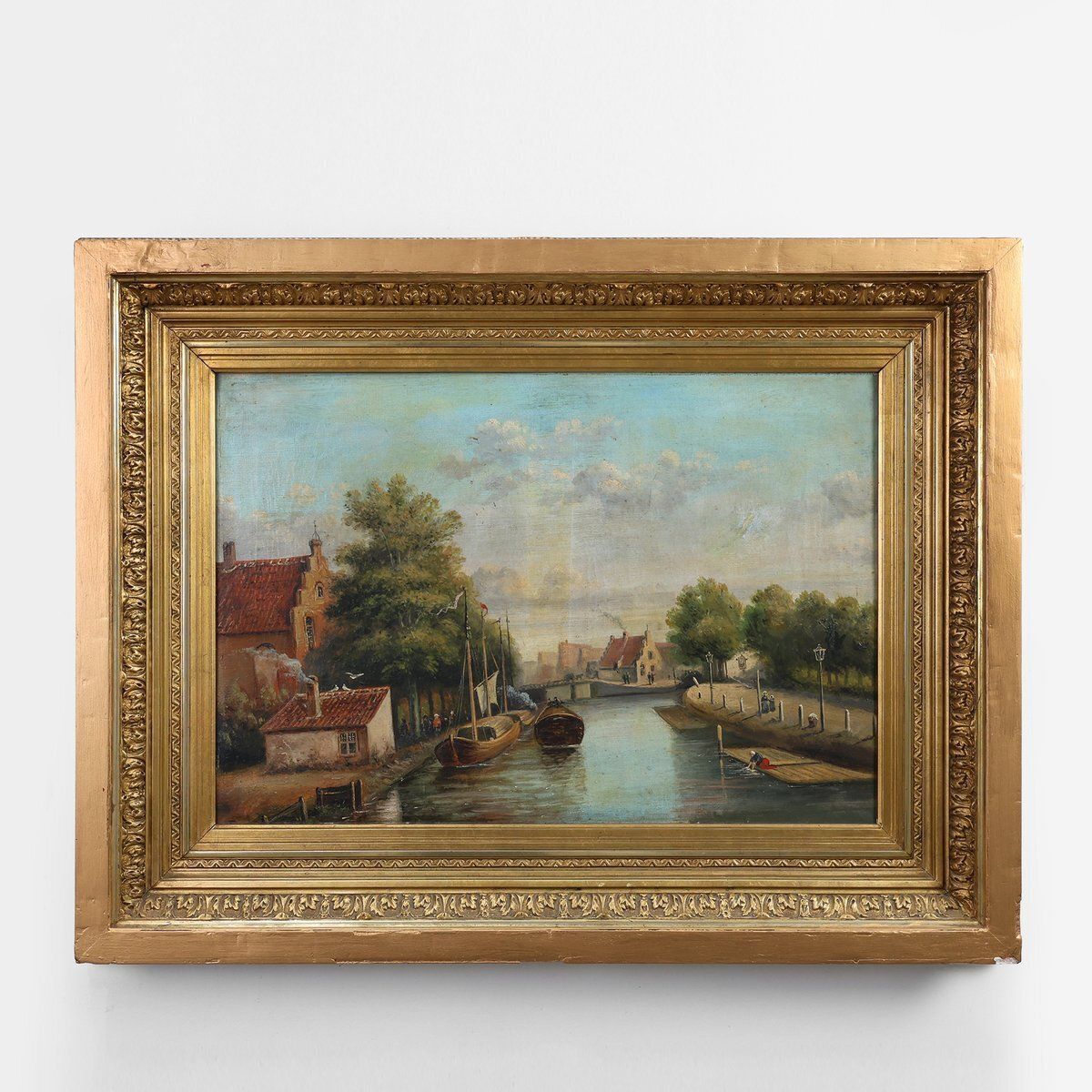 Belgian Artist, River Landscape With Sailboats, 1850s, Oil On Canvas