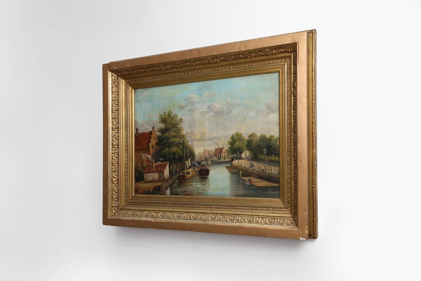 Belgian Artist, River Landscape With Sailboats, 1850s, Oil On Canvas photo vinterior