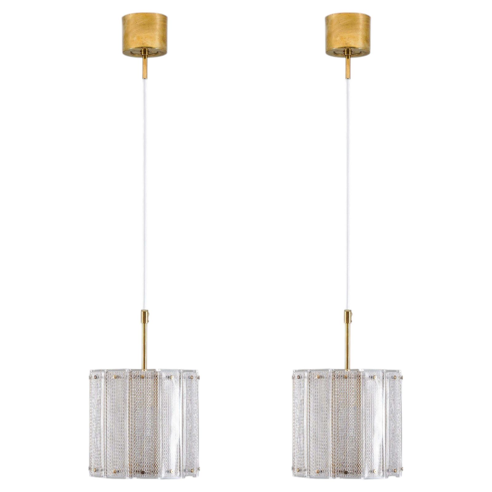 Pair Of Glass And Brass Pendants By Falkenbergs Belysning, Sweden, 1960s