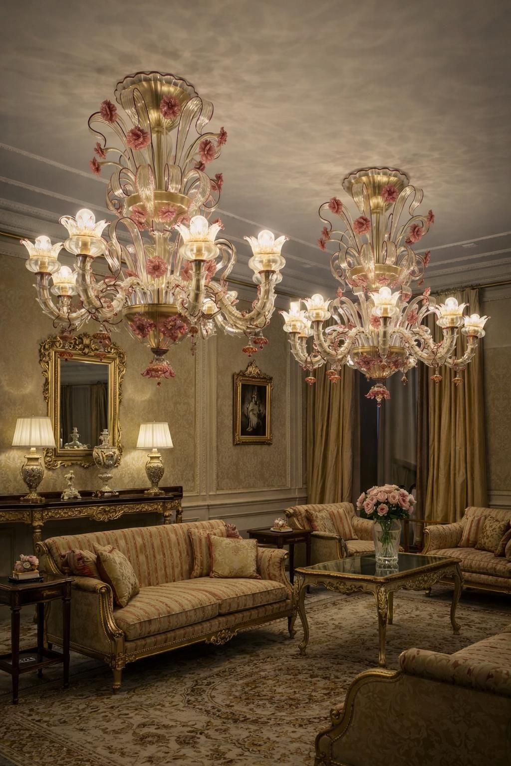 photo vinterior Pair Of Rezzonico Chandeliers Glass Gold Inclusions, Murano