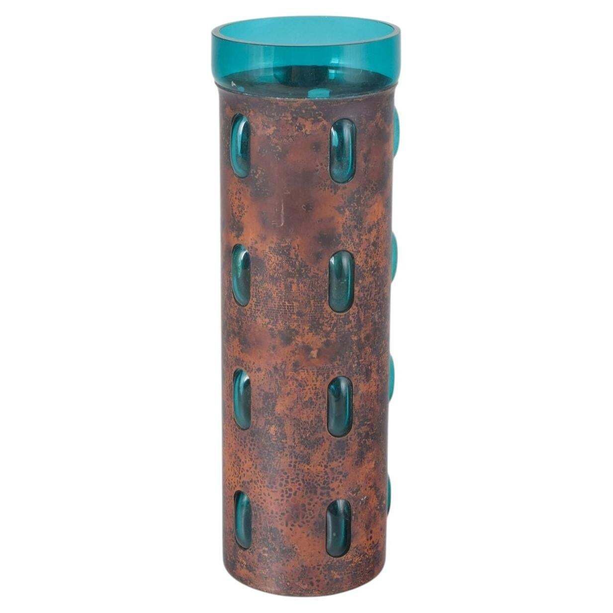 Nanny Still For Raak. Vase In Hammered Copper With A Bluish Green Glass Insert.
