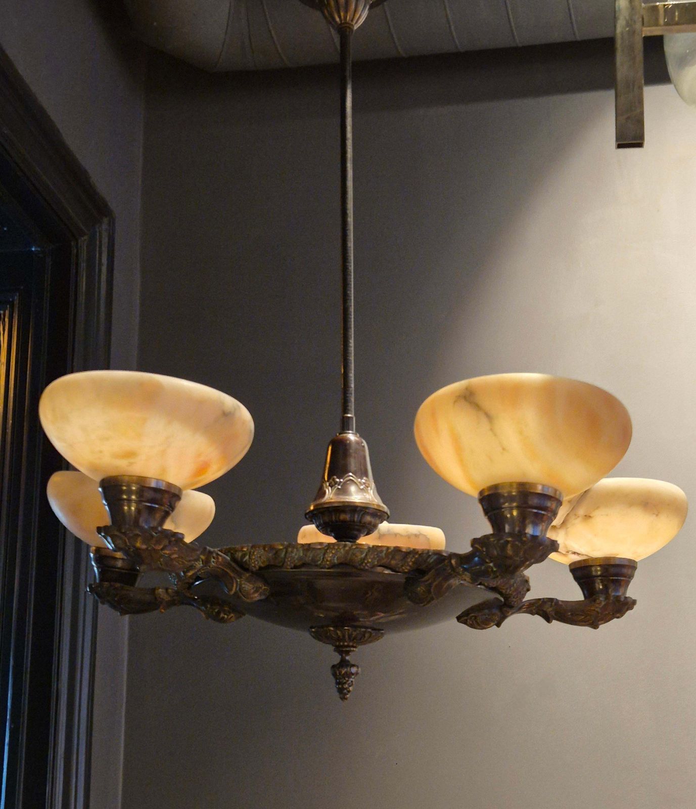 Decorative Early 1900s Chandelier, Bronze And Alabaster, Swedish Jugend. photo furniture