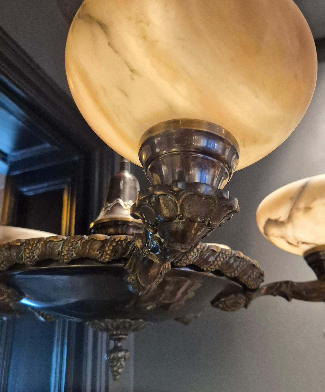 Decorative Early 1900s Chandelier, Bronze And Alabaster, Swedish Jugend. photo 3153.0