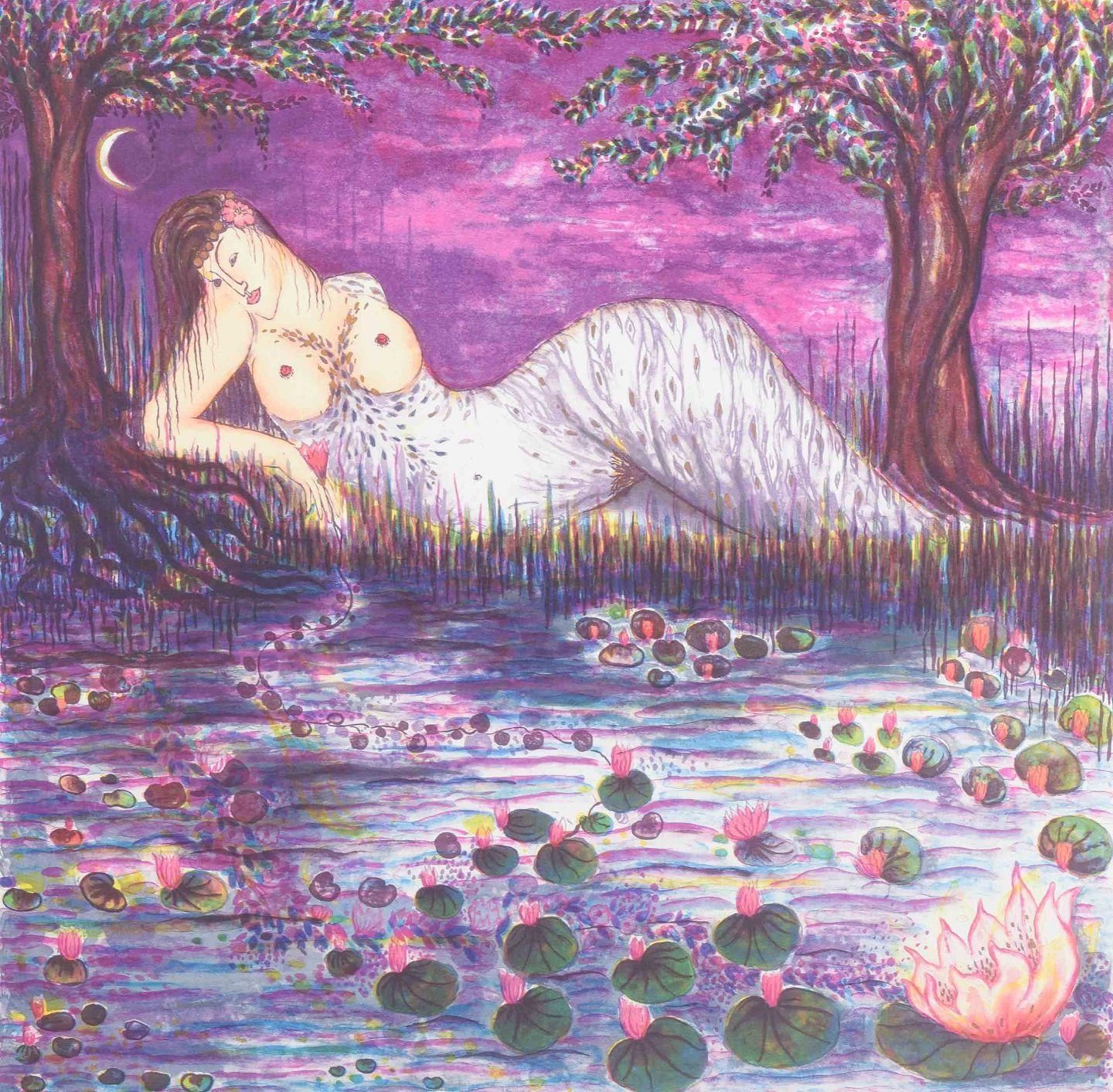 Inger Winther. Color Lithograph. “Nattens Blomst”. Reclining Female Figure.