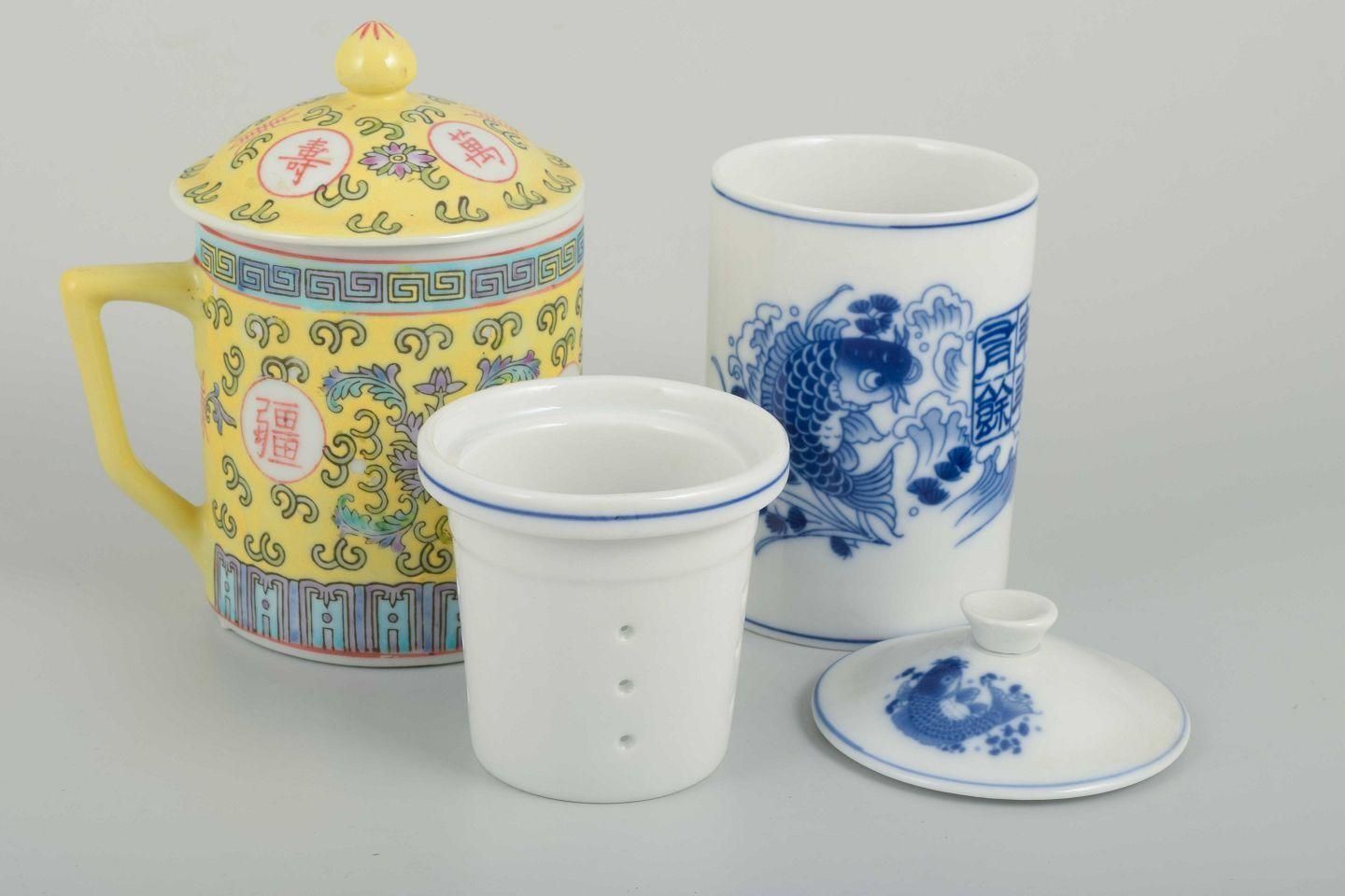 Chinese Porcelain. Two Lidded Tea Cups With Strainers, C. 1970s/80s. photo Home Decor