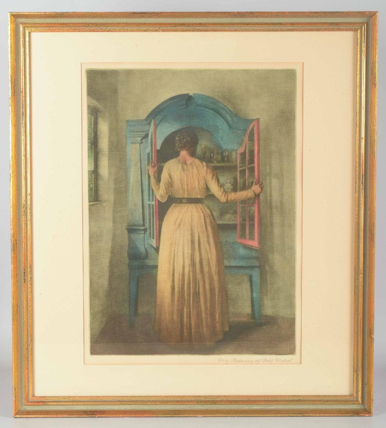 Peter Ilsted. “Woman At A Cabinet”. Mezzotint In Colors. Ca. 1910 1920 photo furniture
