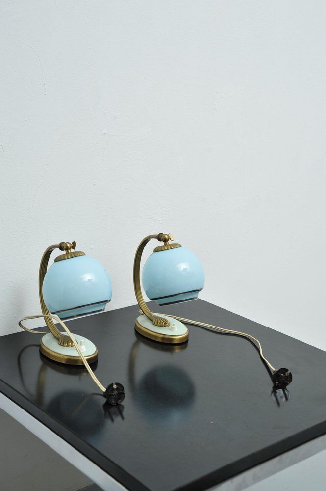 photo furniture Bedside Lamps With Blue Glass And Bronze Bases, Set Of 2
