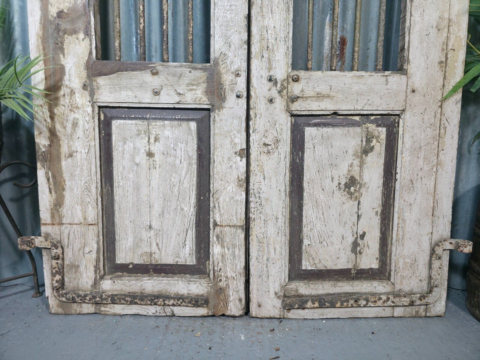 Pair Vintage Rustic Indian Wooden Iron Doors Garden Gates Room Divider Screen photo for sale