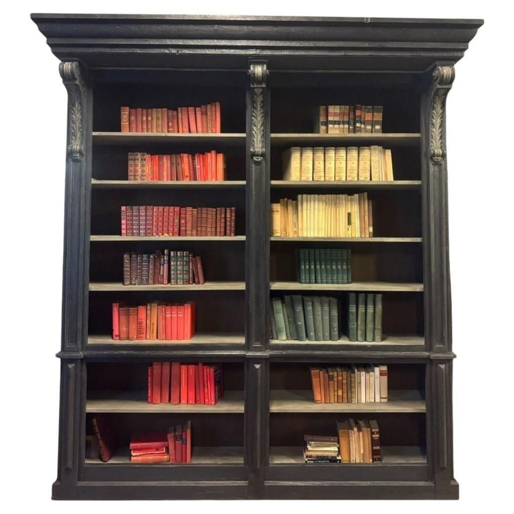 N.3 Librerie Laccate Nero E Grigio Con Colonne Scolpite, Italia