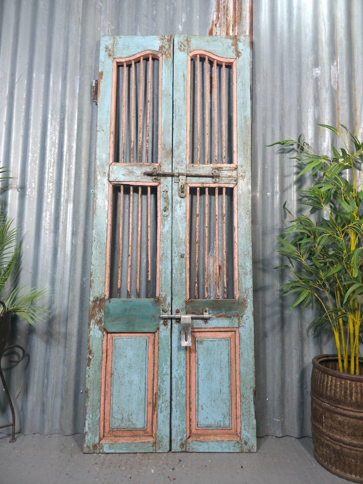 Pair Vintage Rustic Indian Wooden Iron Doors Garden Gates Room Divider Screen photo furniture