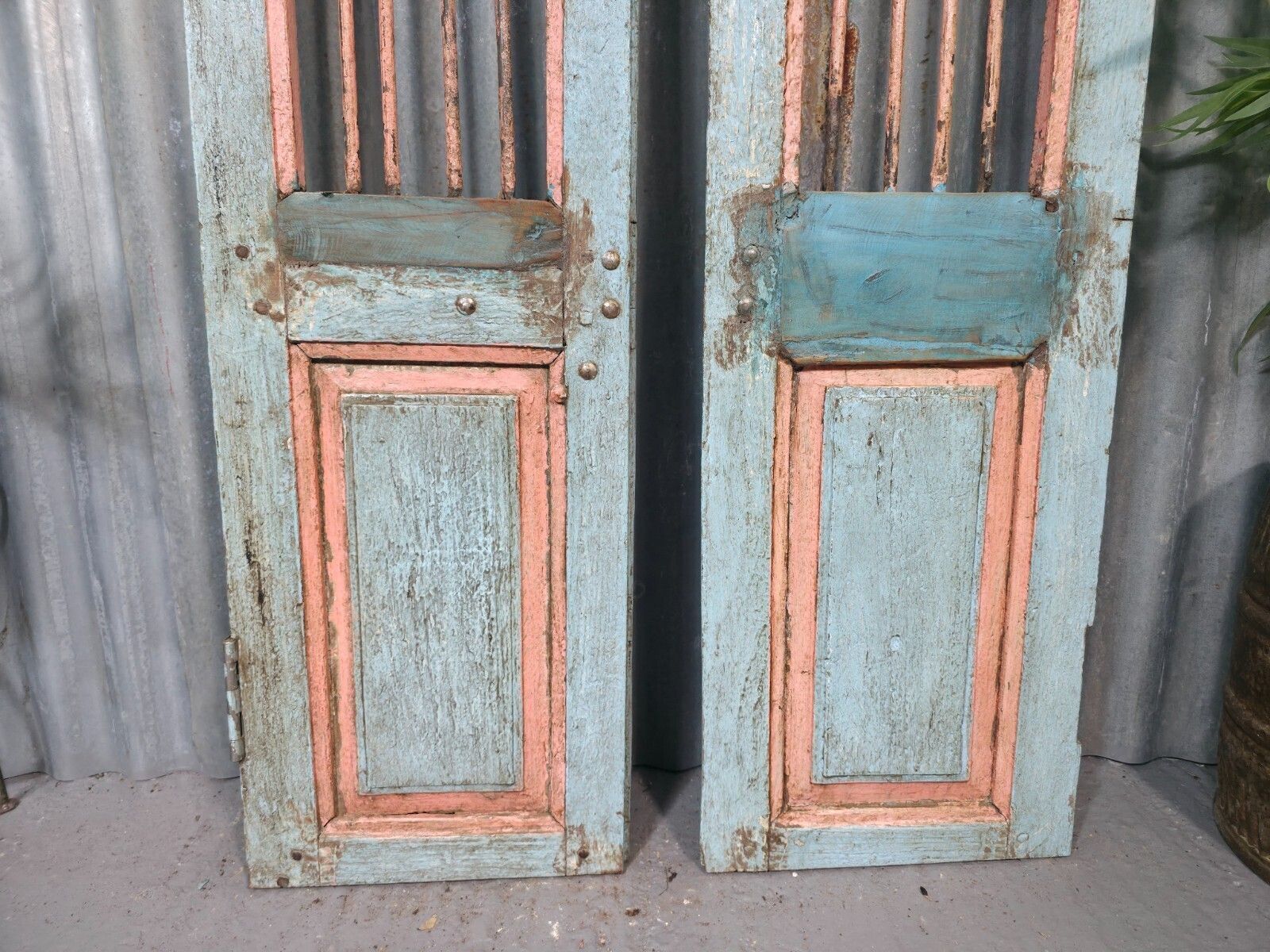 Pair Vintage Rustic Indian Wooden Iron Doors Garden Gates Room Divider Screen photo buy